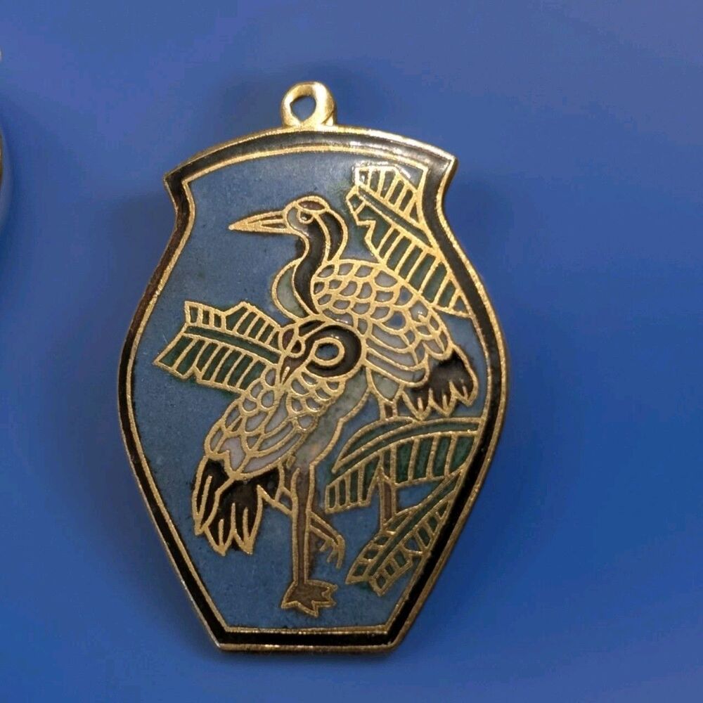 Vintage 1970s Chinese Cloisonne Enamel Crane Heron Bird Shield Pendant Charm...
